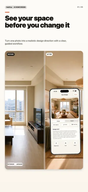 HabiVue showing a real room before and after an AI-assisted redesign