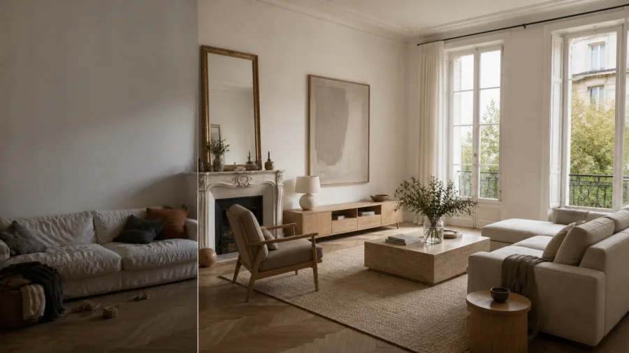 A living room shown before and after a considered interior redesign